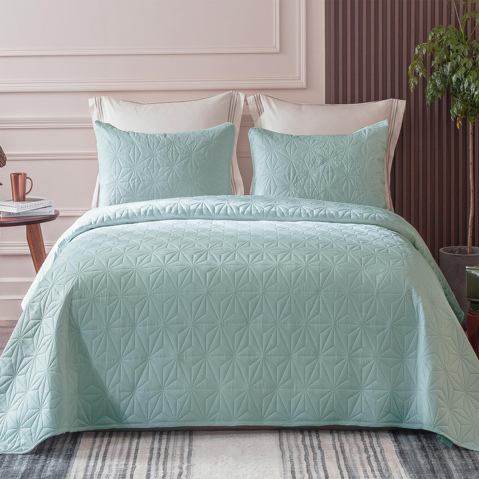 Whale Flotilla Twin Size Quilt Bedding Set, Soft Aqua Blue Twin Xl Quilts Bedspreads For All Seasons, Lightweight Geometric Star